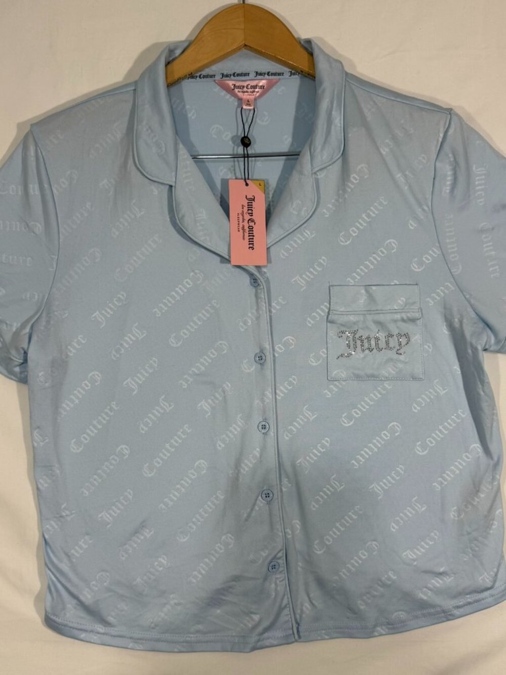 NWT Juicy Couture Blue Rhinestone Logo Pajama Top Size L
